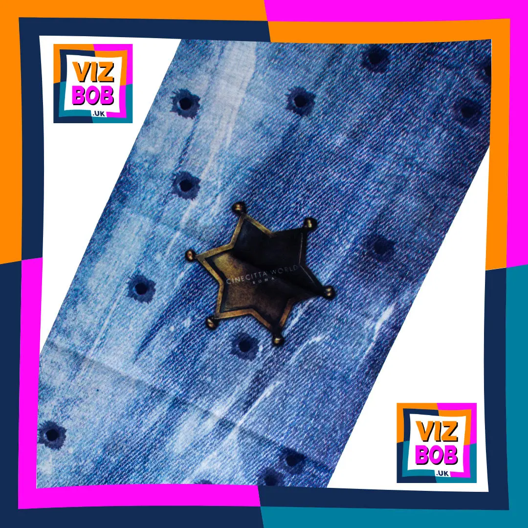 Photo of Sheriffs Badge on Gun Shot Blue Denim Print Neck Tube Bandana laid flat showing the fabric and pattern