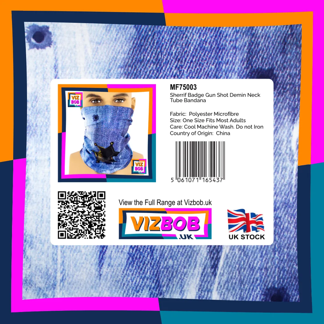 Photo of Sheriffs Badge on Gun Shot Blue Denim Print Neck Tube Bandana in retail packaging with label