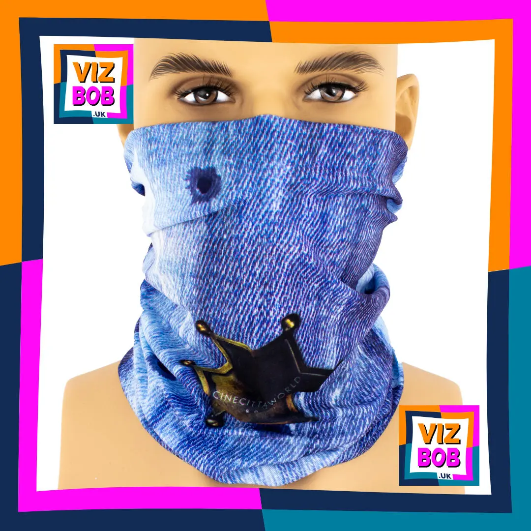 Photo of the Vizbob Sheriffs Badge on Gun Shot Blue Denim Print Neck Tube Bandana being worn as a Face Mask on a Mannequin Head