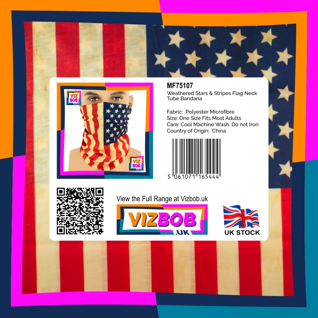 Photo of Weathered US American Stars and Stripes Flag Neck Tube Bandana in retail packaging with label
