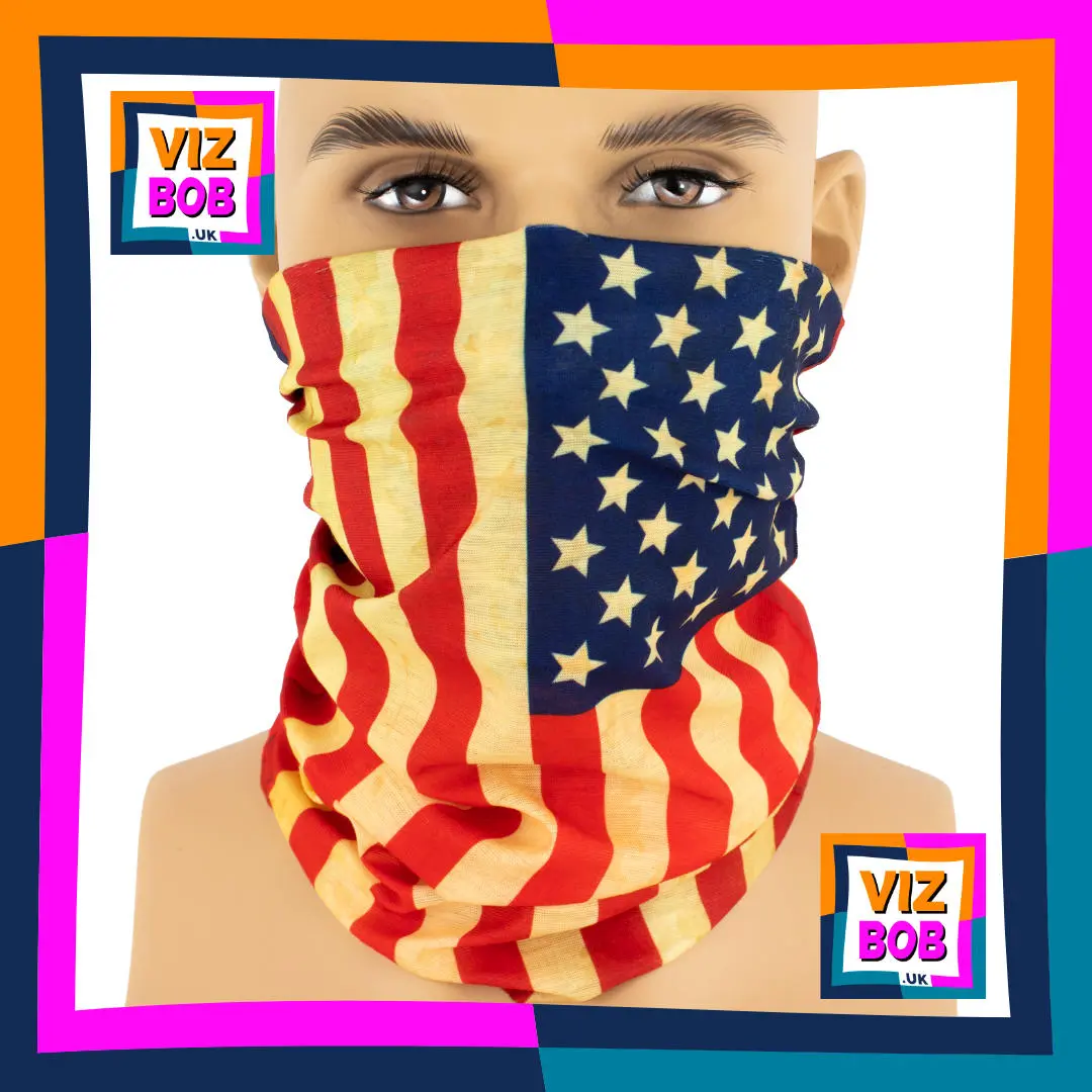 Photo of the Vizbob Weathered US American Stars and Stripes Flag Neck Tube Bandana being worn as a Face Mask on a Mannequin Head