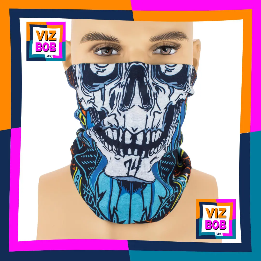 Photo of the Vizbob Eagle Bird sat on Skull Head Neck Tube Bandana being worn flipped as a Face Mask on a Mannequin Head
