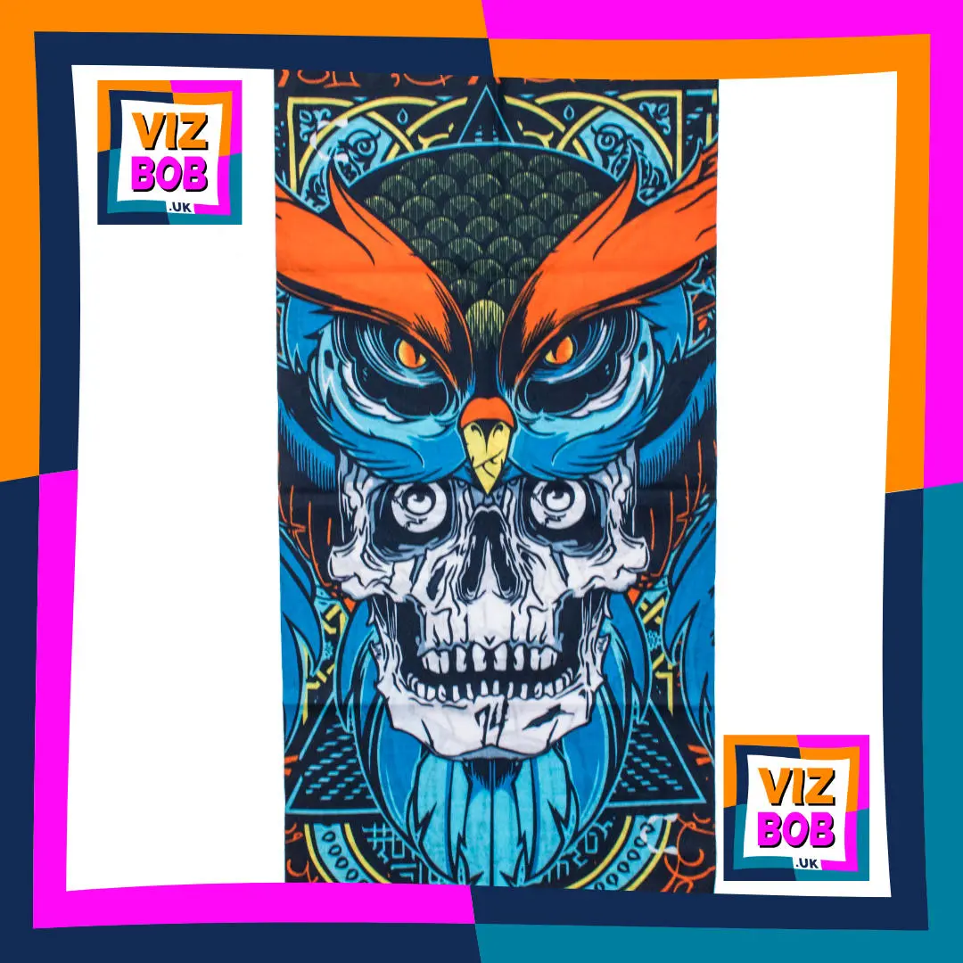 Photo of Eagle Bird sat on Skull Head Neck Tube Bandana laid flat showing the fabric and pattern