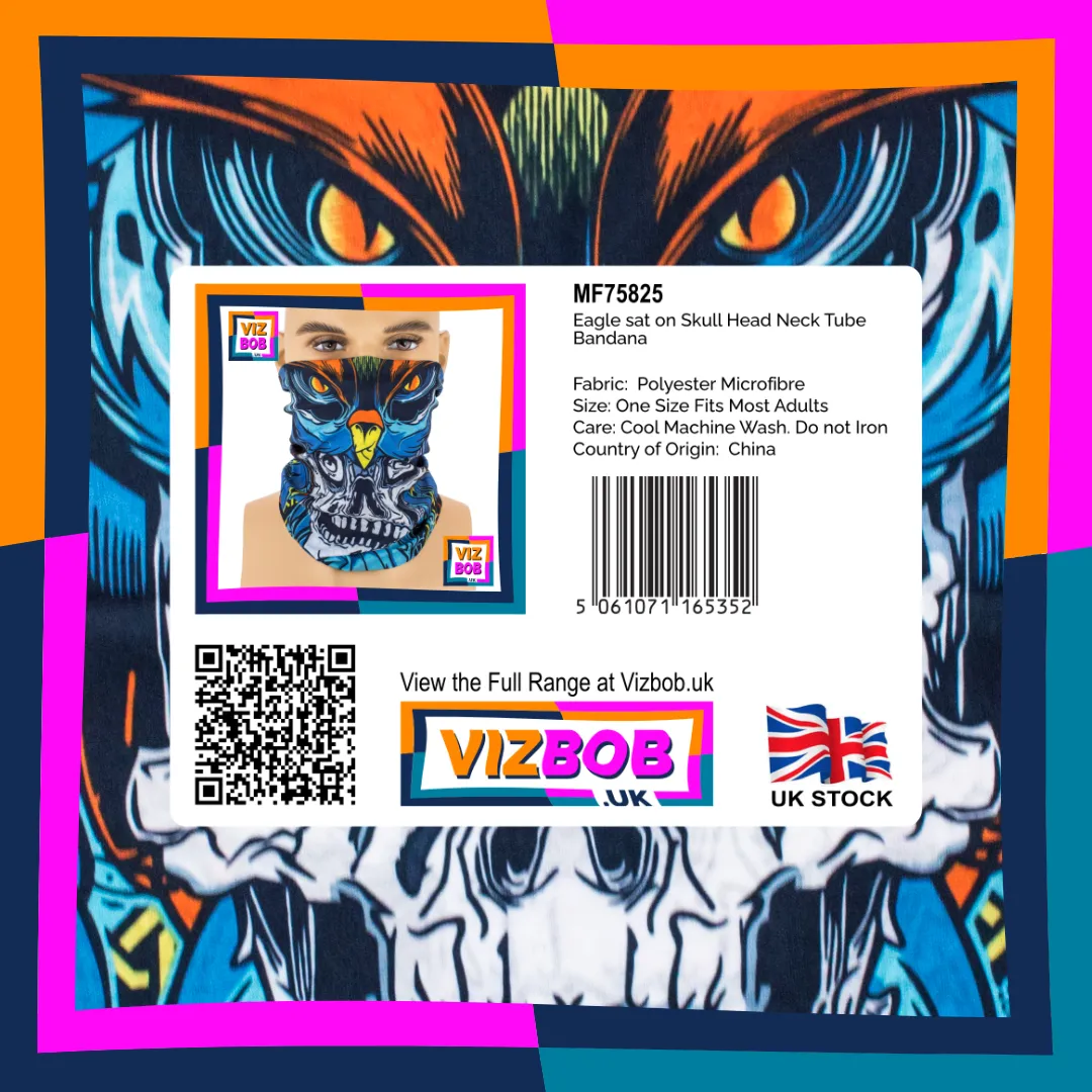 Photo of Eagle Bird sat on Skull Head Neck Tube Bandana in retail packaging with label