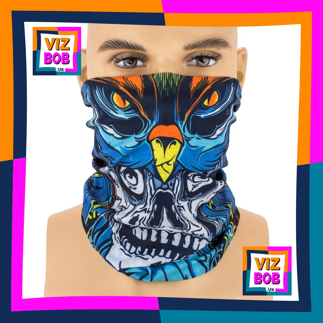 Photo of the Vizbob Eagle Bird sat on Skull Head Neck Tube Bandana being worn as a Face Mask on a Mannequin Head